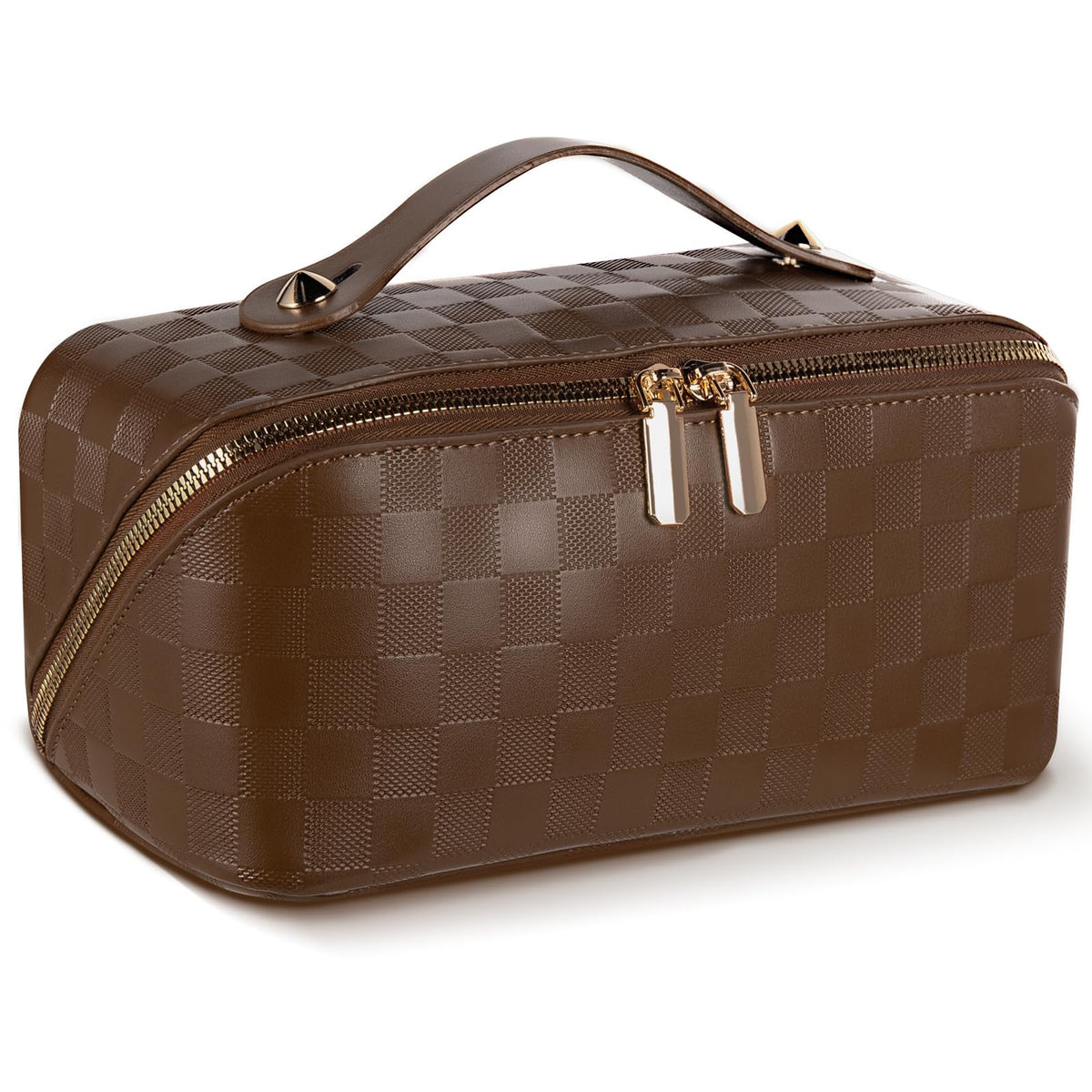 Abiudeng Travel Makeup Bag,Large Capacity Toiletry Bag Cosmetic Bags for Travel Essentials,Waterproof Portable Pouch Open Flat Makeup bag Organizer with Divider and Handle(Checkered-Brown) - thewildfolk Abiudeng Travel Makeup Bag,Large Capacity Toiletry Bag Cosmetic Bags for Travel Essentials,Waterproof Portable Pouch Open Flat Makeup bag Organizer with Divider and Handle(Checkered-Brown)