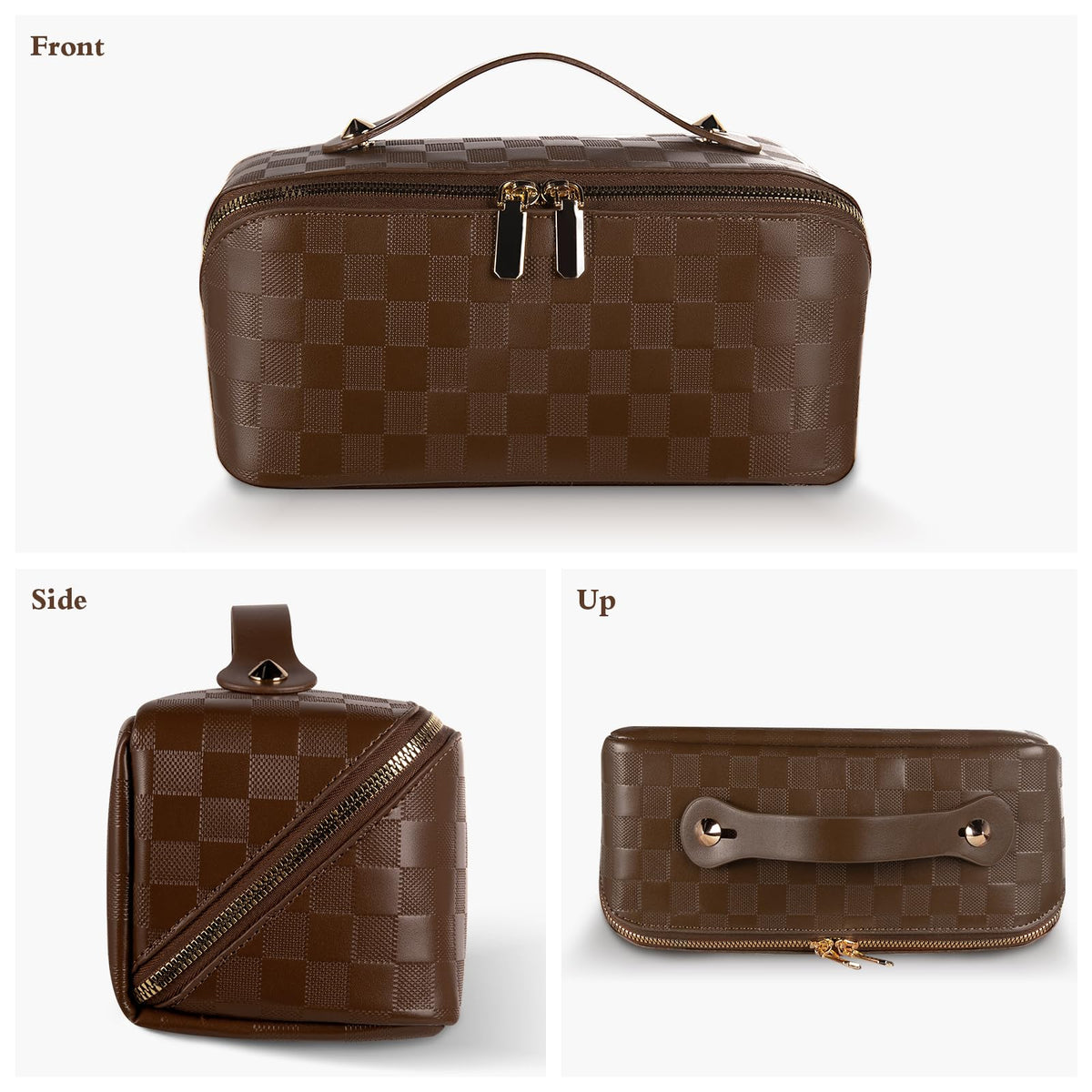 Abiudeng Travel Makeup Bag,Large Capacity Toiletry Bag Cosmetic Bags for Travel Essentials,Waterproof Portable Pouch Open Flat Makeup bag Organizer with Divider and Handle(Checkered-Brown) - thewildfolk Abiudeng Travel Makeup Bag,Large Capacity Toiletry Bag Cosmetic Bags for Travel Essentials,Waterproof Portable Pouch Open Flat Makeup bag Organizer with Divider and Handle(Checkered-Brown)