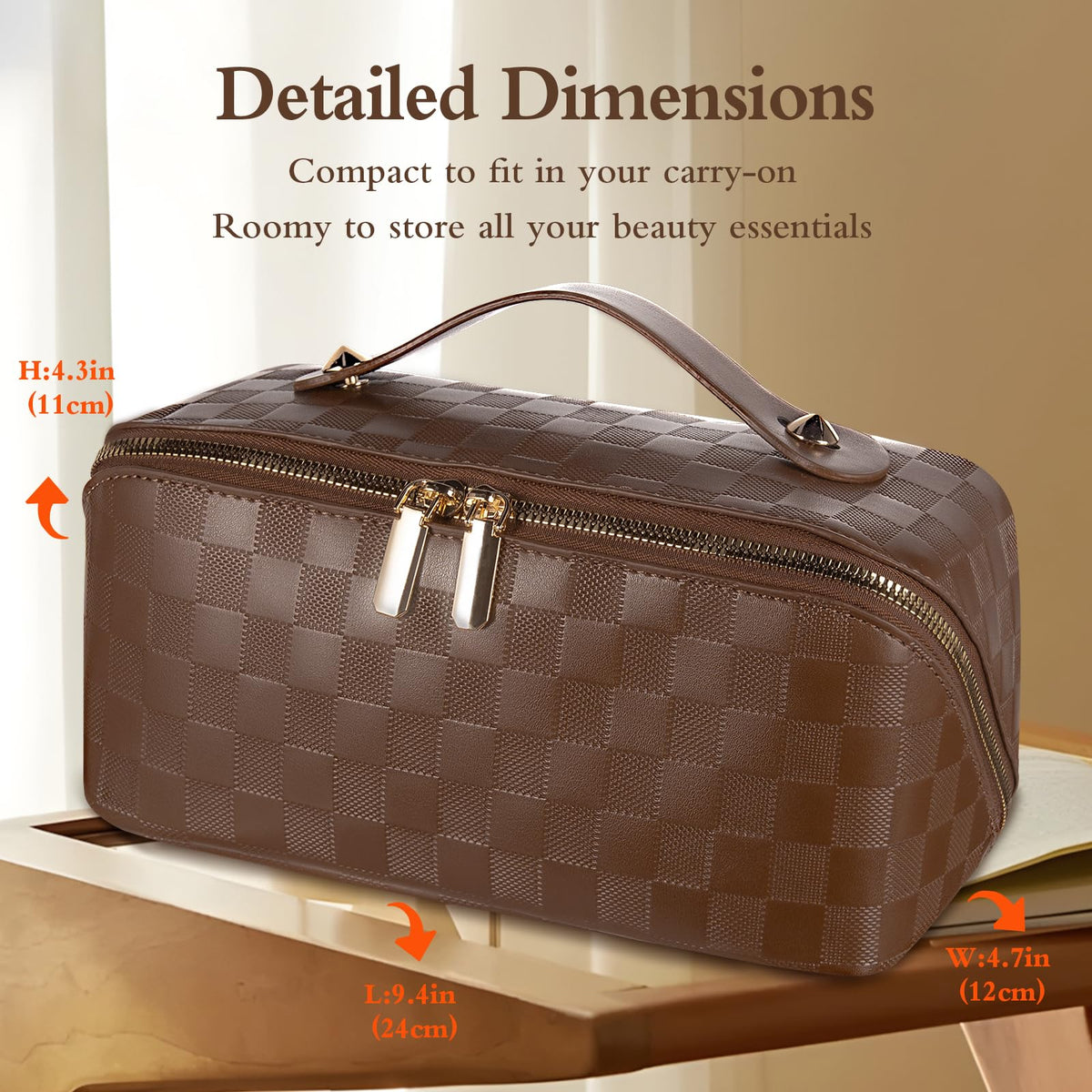Abiudeng Travel Makeup Bag,Large Capacity Toiletry Bag Cosmetic Bags for Travel Essentials,Waterproof Portable Pouch Open Flat Makeup bag Organizer with Divider and Handle(Checkered-Brown) - thewildfolk Abiudeng Travel Makeup Bag,Large Capacity Toiletry Bag Cosmetic Bags for Travel Essentials,Waterproof Portable Pouch Open Flat Makeup bag Organizer with Divider and Handle(Checkered-Brown)