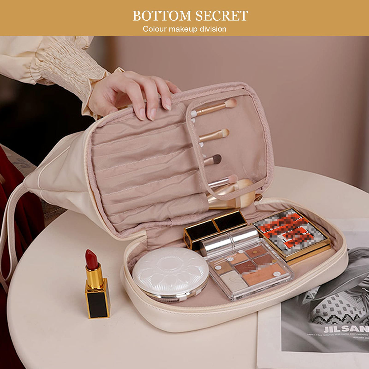 Abiudeng Waterproof Double Layer Makeup Bag for Women, Large Capacity Faux Leather Travel Cosmetic Bag with Compartments & Brush Holder, Portable Makeup Organizer for Traveling Gift for women - thewildfolk Abiudeng Waterproof Double Layer Makeup Bag for Women, Large Capacity Faux Leather Travel Cosmetic Bag with Compartments & Brush Holder, Portable Makeup Organizer for Traveling Gift for women
