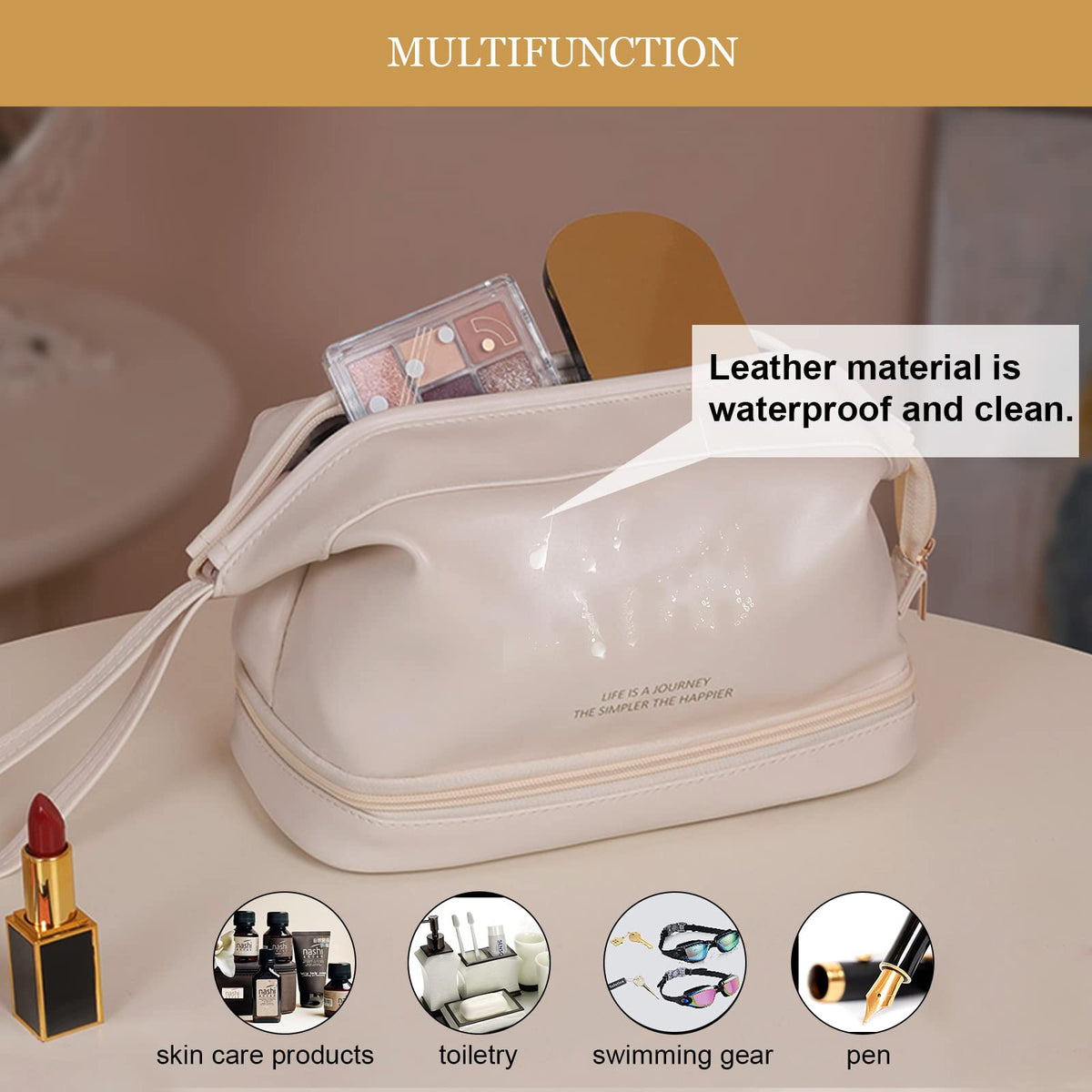 Abiudeng Waterproof Double Layer Makeup Bag for Women, Large Capacity Faux Leather Travel Cosmetic Bag with Compartments & Brush Holder, Portable Makeup Organizer for Traveling Gift for women - thewildfolk Abiudeng Waterproof Double Layer Makeup Bag for Women, Large Capacity Faux Leather Travel Cosmetic Bag with Compartments & Brush Holder, Portable Makeup Organizer for Traveling Gift for women