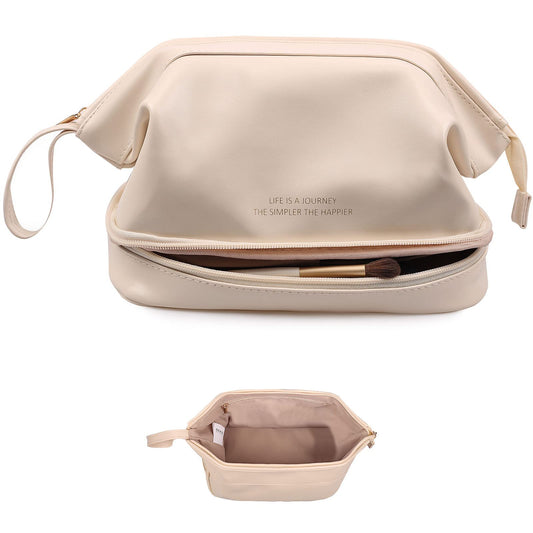 Abiudeng Waterproof Double Layer Makeup Bag for Women, Large Capacity Faux Leather Travel Cosmetic Bag with Compartments & Brush Holder, Portable Makeup Organizer for Traveling Gift for women - thewildfolk Abiudeng Waterproof Double Layer Makeup Bag for Women, Large Capacity Faux Leather Travel Cosmetic Bag with Compartments & Brush Holder, Portable Makeup Organizer for Traveling Gift for women