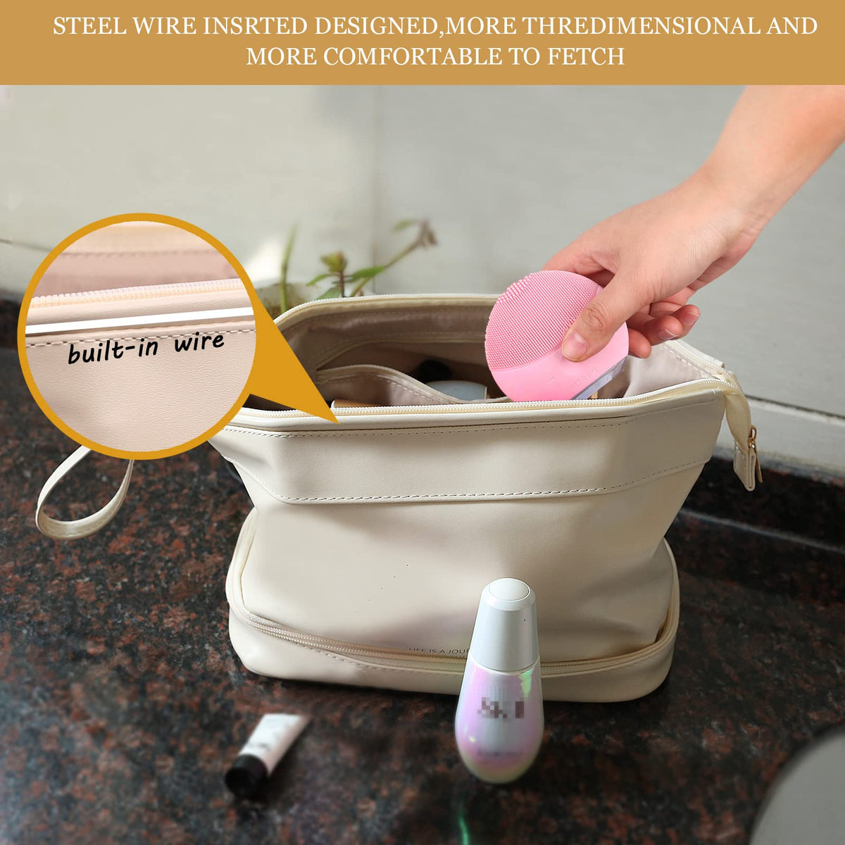 Abiudeng Waterproof Double Layer Makeup Bag for Women, Large Capacity Faux Leather Travel Cosmetic Bag with Compartments & Brush Holder, Portable Makeup Organizer for Traveling Gift for women - thewildfolk Abiudeng Waterproof Double Layer Makeup Bag for Women, Large Capacity Faux Leather Travel Cosmetic Bag with Compartments & Brush Holder, Portable Makeup Organizer for Traveling Gift for women