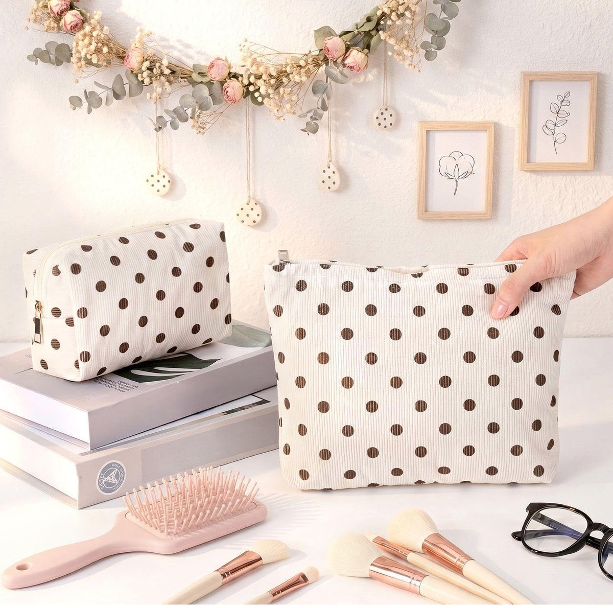 Aliceset 2 Pcs Makeup Bag Set Corduroy Cosmetic Pouch for Purse Large Travel Toiletry Bag Design Aesthetic Cotton Zipper Organizer for Women Gift Beauty Essentials(Polka Dot Beige) - thewildfolk Aliceset 2 Pcs Makeup Bag Set Corduroy Cosmetic Pouch for Purse Large Travel Toiletry Bag Design Aesthetic Cotton Zipper Organizer for Women Gift Beauty Essentials(Polka Dot Beige)