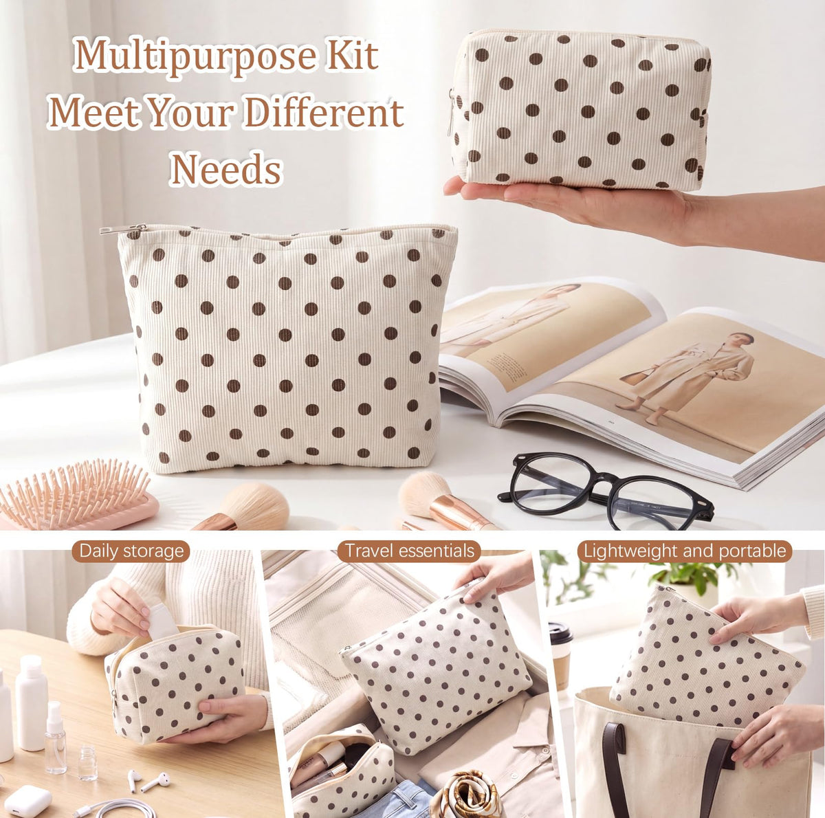 Aliceset 2 Pcs Makeup Bag Set Corduroy Cosmetic Pouch for Purse Large Travel Toiletry Bag Design Aesthetic Cotton Zipper Organizer for Women Gift Beauty Essentials(Polka Dot Beige) - thewildfolk Aliceset 2 Pcs Makeup Bag Set Corduroy Cosmetic Pouch for Purse Large Travel Toiletry Bag Design Aesthetic Cotton Zipper Organizer for Women Gift Beauty Essentials(Polka Dot Beige)