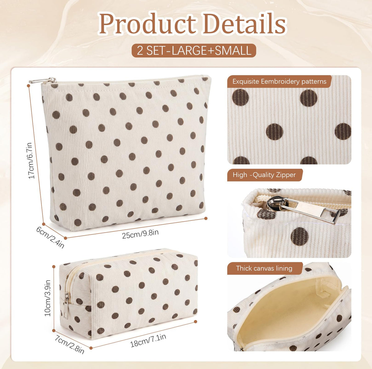 Aliceset 2 Pcs Makeup Bag Set Corduroy Cosmetic Pouch for Purse Large Travel Toiletry Bag Design Aesthetic Cotton Zipper Organizer for Women Gift Beauty Essentials(Polka Dot Beige) - thewildfolk Aliceset 2 Pcs Makeup Bag Set Corduroy Cosmetic Pouch for Purse Large Travel Toiletry Bag Design Aesthetic Cotton Zipper Organizer for Women Gift Beauty Essentials(Polka Dot Beige)