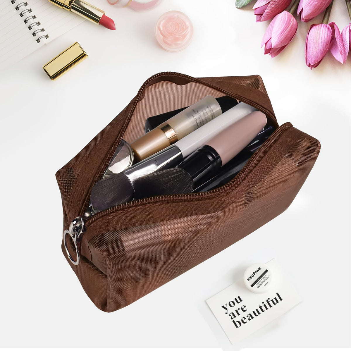 Aosbos 3-Pack Mesh Cosmetic Bag Set – Travel Makeup Pouch with Zipper, Lightweight Organizer for Toiletries – Durable & Breathable Nylon Mesh Bags, Brown - thewildfolk Aosbos 3-Pack Mesh Cosmetic Bag Set – Travel Makeup Pouch with Zipper, Lightweight Organizer for Toiletries – Durable & Breathable Nylon Mesh Bags, Brown