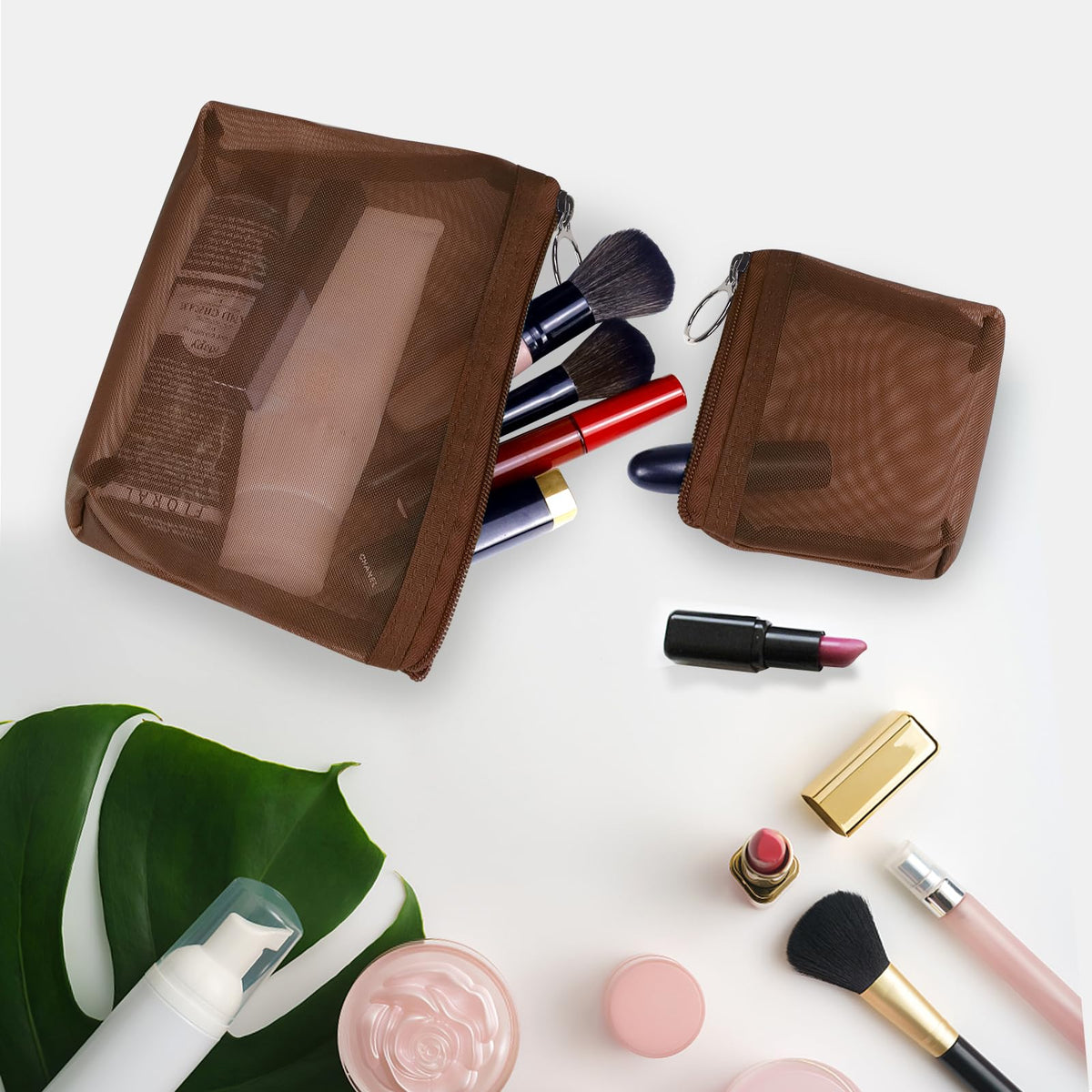 Aosbos 3-Pack Mesh Cosmetic Bag Set – Travel Makeup Pouch with Zipper, Lightweight Organizer for Toiletries – Durable & Breathable Nylon Mesh Bags, Brown - thewildfolk Aosbos 3-Pack Mesh Cosmetic Bag Set – Travel Makeup Pouch with Zipper, Lightweight Organizer for Toiletries – Durable & Breathable Nylon Mesh Bags, Brown