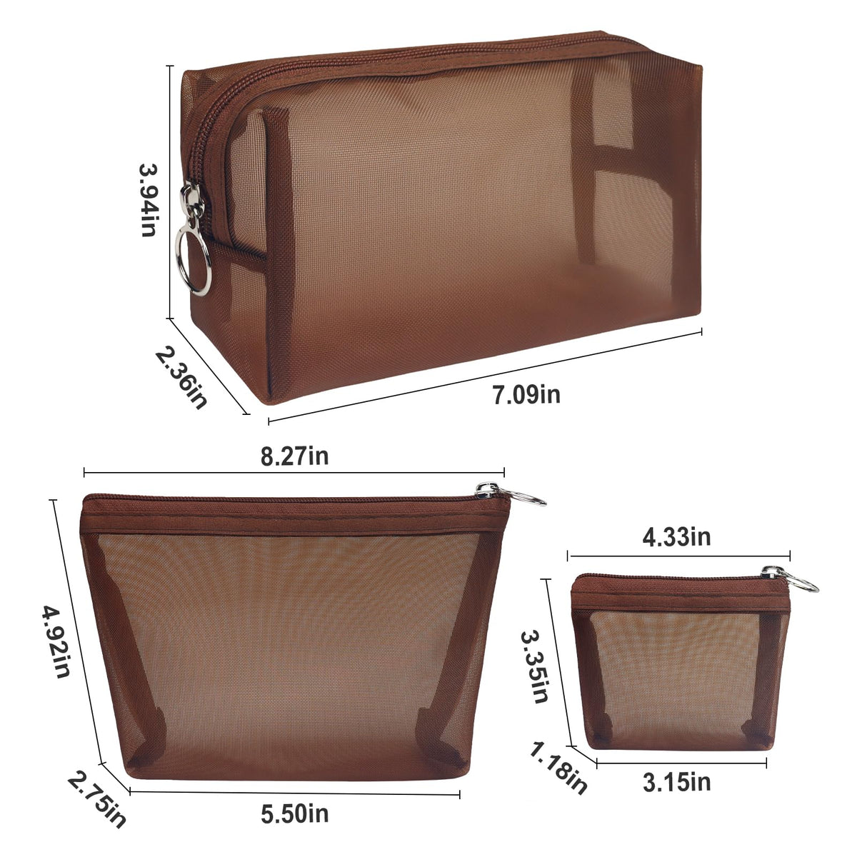 Aosbos 3-Pack Mesh Cosmetic Bag Set – Travel Makeup Pouch with Zipper, Lightweight Organizer for Toiletries – Durable & Breathable Nylon Mesh Bags, Brown - thewildfolk Aosbos 3-Pack Mesh Cosmetic Bag Set – Travel Makeup Pouch with Zipper, Lightweight Organizer for Toiletries – Durable & Breathable Nylon Mesh Bags, Brown