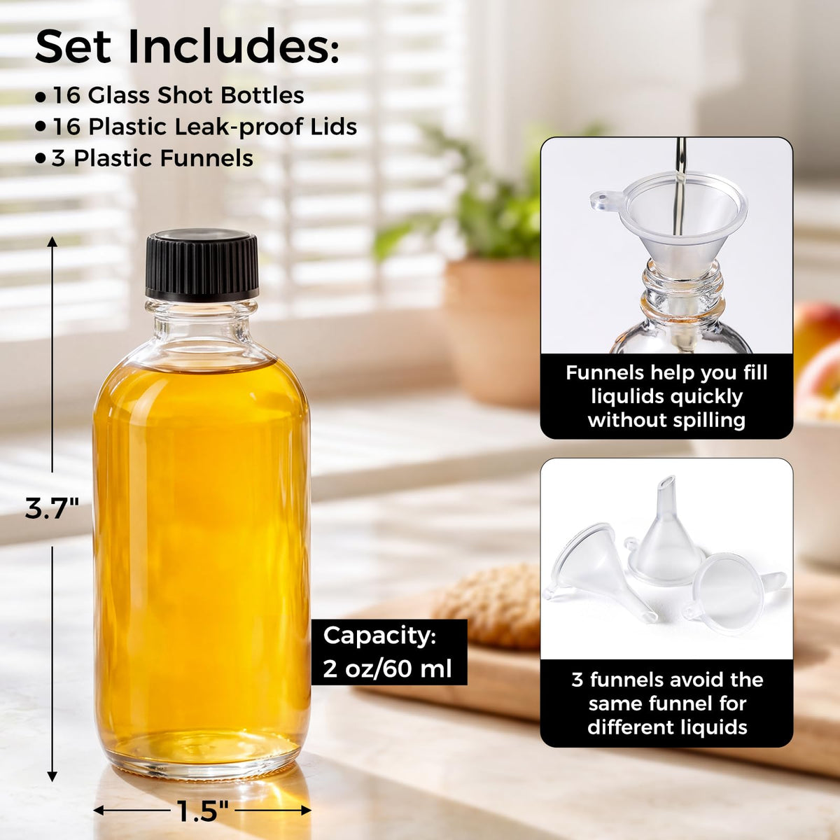 AOZITA 16 Pack, 2 oz Small Clear Glass Bottles w/Lid & 3 Funnels - 60ml Boston Shot Bottles for Health, Immunity, Potion, Wellness, Sample, Ginger, Juice - Mini Personal Care & Beauty Travel Bottle - thewildfolk AOZITA 16 Pack, 2 oz Small Clear Glass Bottles w/Lid & 3 Funnels - 60ml Boston Shot Bottles for Health, Immunity, Potion, Wellness, Sample, Ginger, Juice - Mini Personal Care & Beauty Travel Bottle