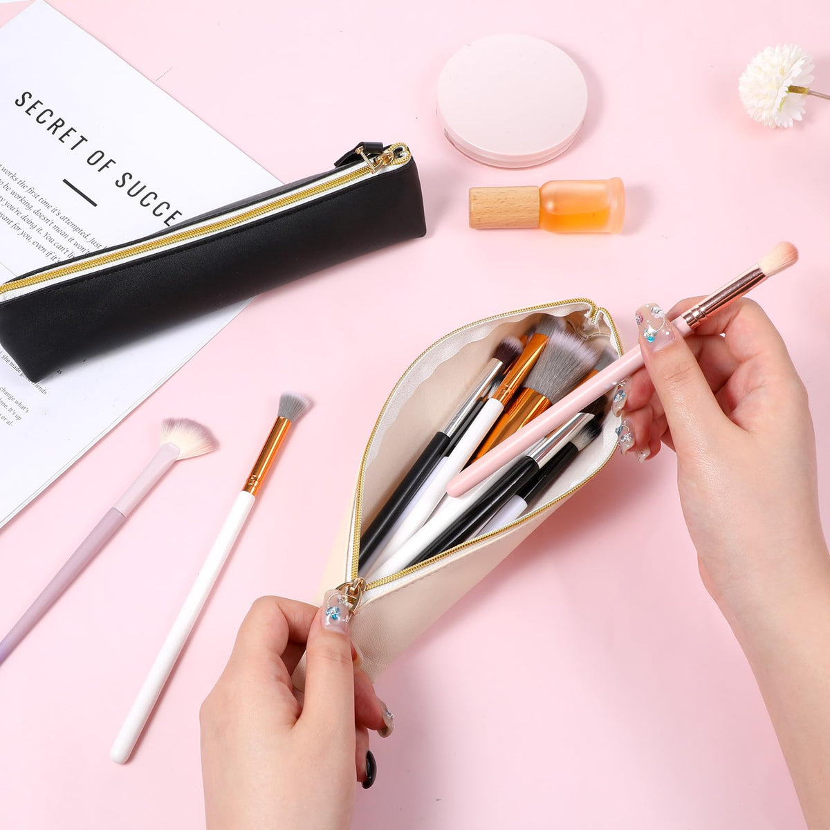 Apojgitn 2Pcs Mini Makeup Bag for Purse, PU Leather Small Makeup Bag Portable Soft Cosmetic Organizer Pouch Waterproof Small lipstick Bags with Zipper for Women Travel Storage(Black, Beige) - thewildfolk Apojgitn 2Pcs Mini Makeup Bag for Purse, PU Leather Small Makeup Bag Portable Soft Cosmetic Organizer Pouch Waterproof Small lipstick Bags with Zipper for Women Travel Storage(Black, Beige)