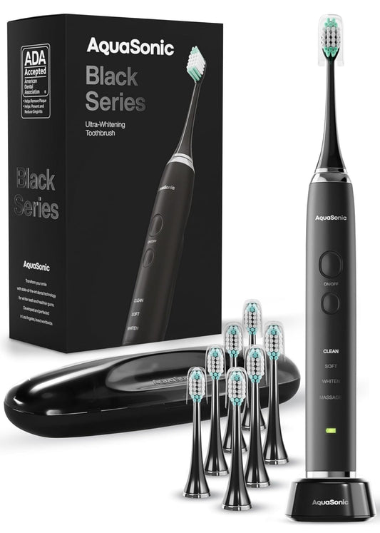 Aquasonic Black Series Ultra Whitening Toothbrush – ADA Accepted Electric Toothbrush- 8 Brush Heads & Travel Case – 40,000 VPM Electric Motor & Wireless Charging - 4 Modes w Smart Timer - thewildfolk Aquasonic Black Series Ultra Whitening Toothbrush – ADA Accepted Electric Toothbrush- 8 Brush Heads & Travel Case – 40,000 VPM Electric Motor & Wireless Charging - 4 Modes w Smart Timer