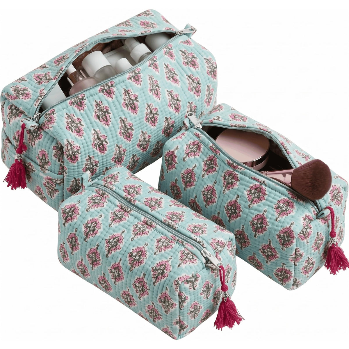 ATOSII Set of 3 100% Cotton Handblock Print Quilted Toiletry Cosmetic Makeup Travel Bag for Women, Waterproof Inner Lining, Jewelry Essentials Storage Case, Toiletries Pouch Purse, Blubell - thewildfolk ATOSII Set of 3 100% Cotton Handblock Print Quilted Toiletry Cosmetic Makeup Travel Bag for Women, Waterproof Inner Lining, Jewelry Essentials Storage Case, Toiletries Pouch Purse, Blubell