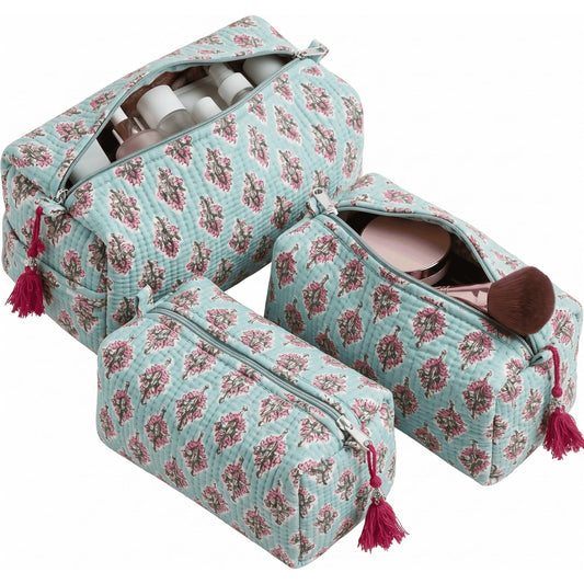 ATOSII Set of 3 100% Cotton Handblock Print Quilted Toiletry Cosmetic Makeup Travel Bag for Women, Waterproof Inner Lining, Jewelry Essentials Storage Case, Toiletries Pouch Purse, Blubell - thewildfolk ATOSII Set of 3 100% Cotton Handblock Print Quilted Toiletry Cosmetic Makeup Travel Bag for Women, Waterproof Inner Lining, Jewelry Essentials Storage Case, Toiletries Pouch Purse, Blubell