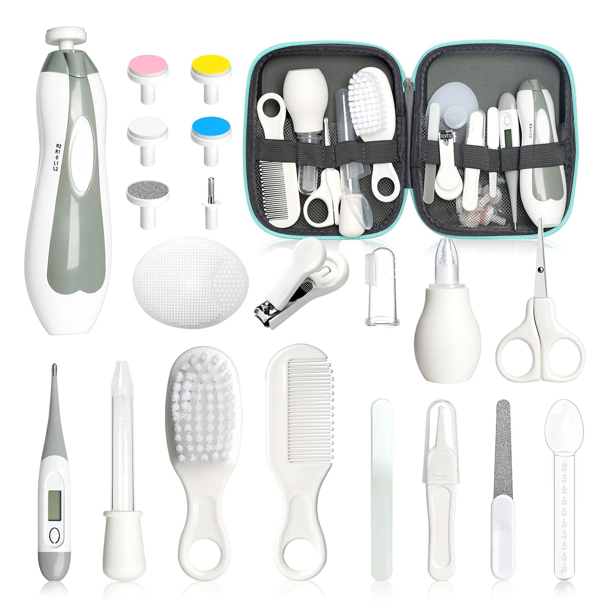 Baby Healthcare and Grooming Kit, 21pcs Baby Electric Nail Trimmer Set Newborn Nursery Health Care Set for Newborn Infant Toddlers Baby Boys Girls Kids Haircut Tools (21 Kits Grey White) - thewildfolk Baby Healthcare and Grooming Kit, 21pcs Baby Electric Nail Trimmer Set Newborn Nursery Health Care Set for Newborn Infant Toddlers Baby Boys Girls Kids Haircut Tools (21 Kits Grey White)