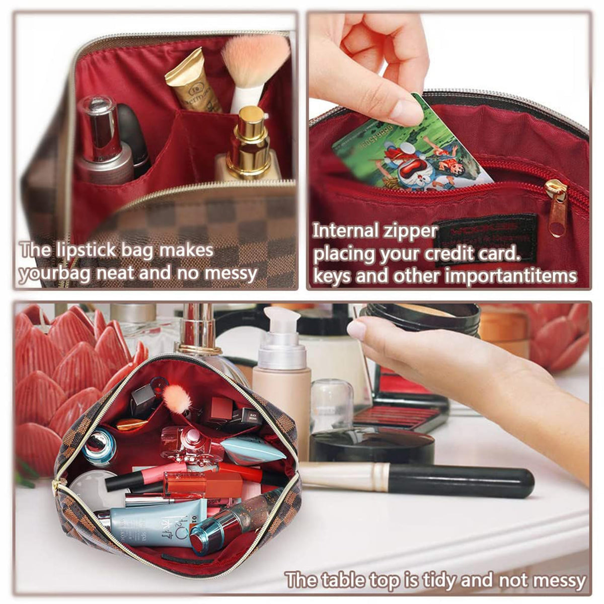 BAGCRAZY Checkered Makeup Bag 2 Pack, Waterproof PU Leather Travel Cosmetic Organizer Set for Women, Portable Toiletry Pouch for Purse & Weekend Getaways - thewildfolk BAGCRAZY Checkered Makeup Bag 2 Pack, Waterproof PU Leather Travel Cosmetic Organizer Set for Women, Portable Toiletry Pouch for Purse & Weekend Getaways