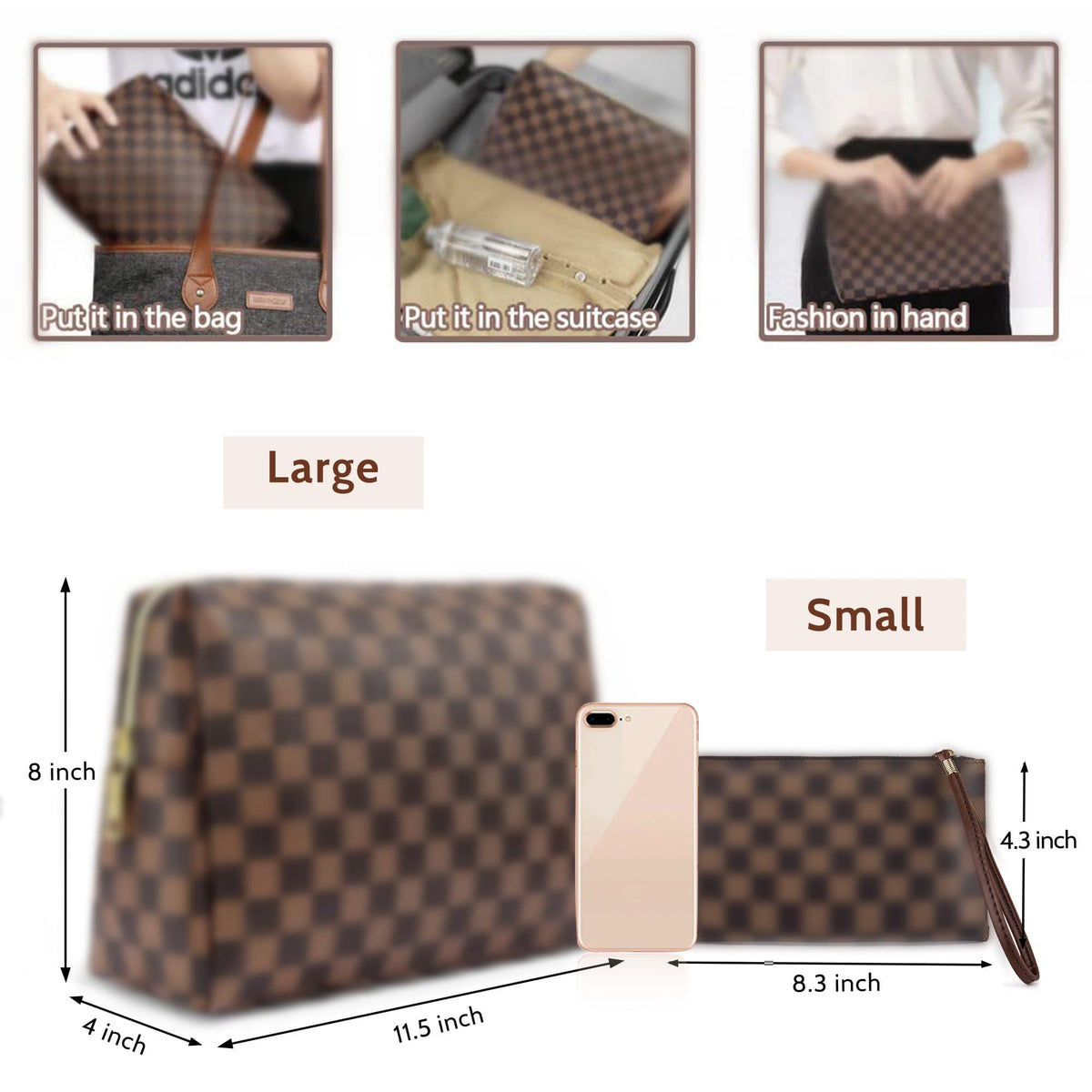 BAGCRAZY Checkered Makeup Bag 2 Pack, Waterproof PU Leather Travel Cosmetic Organizer Set for Women, Portable Toiletry Pouch for Purse & Weekend Getaways - thewildfolk BAGCRAZY Checkered Makeup Bag 2 Pack, Waterproof PU Leather Travel Cosmetic Organizer Set for Women, Portable Toiletry Pouch for Purse & Weekend Getaways