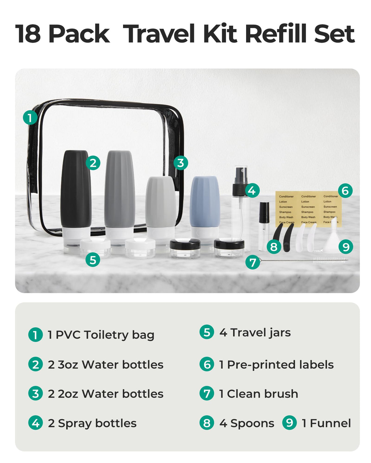 BAGSMART 18 Pack TSA Approved Travel Bottles for Toiletries, Leak Proof Silicone Travel Size Containers Bottles for Shampoo, Grey - thewildfolk BAGSMART 18 Pack TSA Approved Travel Bottles for Toiletries, Leak Proof Silicone Travel Size Containers Bottles for Shampoo, Grey