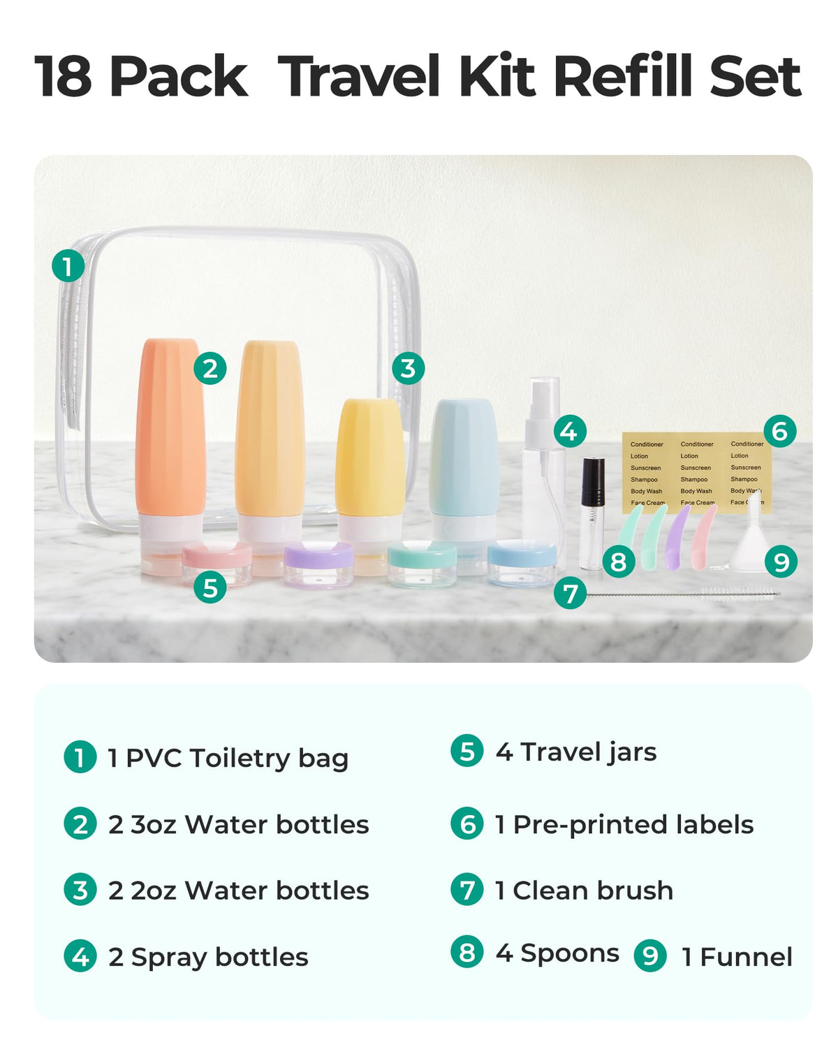 BAGSMART 18 Pack TSA Approved Travel Bottles for Toiletries, Leak Proof Silicone Travel Size Containers Bottles for Shampoo, Purple - thewildfolk BAGSMART 18 Pack TSA Approved Travel Bottles for Toiletries, Leak Proof Silicone Travel Size Containers Bottles for Shampoo, Purple