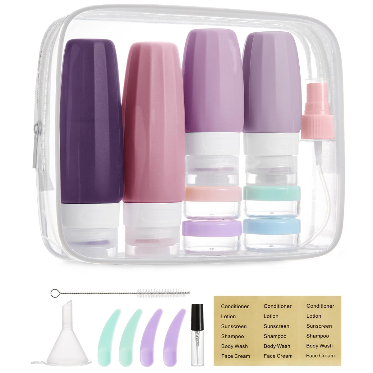 BAGSMART 18 Pack TSA Approved Travel Bottles for Toiletries, Leak Proof Silicone Travel Size Containers Bottles for Shampoo, Purple - thewildfolk BAGSMART 18 Pack TSA Approved Travel Bottles for Toiletries, Leak Proof Silicone Travel Size Containers Bottles for Shampoo, Purple