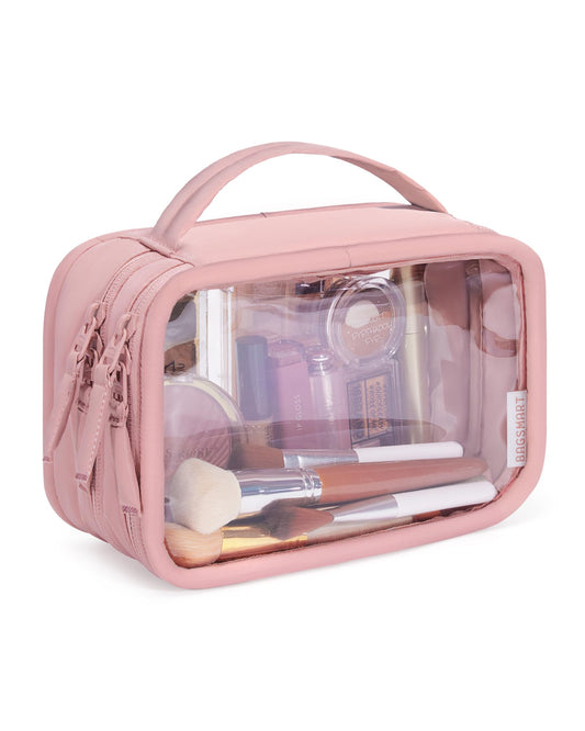 BAGSMART Double Layer Clear Makeup Bag, TSA-Approved Toiletry Bag, Large Opening with Handle, Cute Water-Resistant Travel Cosmetic Bag with Double Zipper for Car Essentials(Pink) - thewildfolk BAGSMART Double Layer Clear Makeup Bag, TSA-Approved Toiletry Bag, Large Opening with Handle, Cute Water-Resistant Travel Cosmetic Bag with Double Zipper for Car Essentials(Pink)