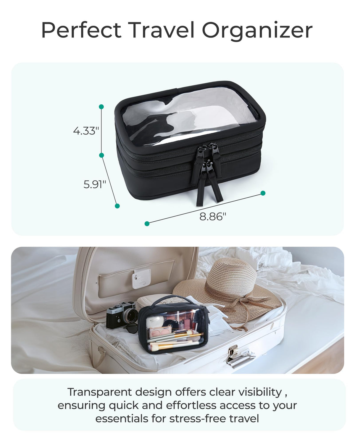BAGSMART Double Layer Clear Makeup Bag, TSA-Approved Toiletry Bag, Large Opening with Handle, Cute Water-Resistant Travel Cosmetic Bag with Double Zipper for Car Essentials(Pink) - thewildfolk BAGSMART Double Layer Clear Makeup Bag, TSA-Approved Toiletry Bag, Large Opening with Handle, Cute Water-Resistant Travel Cosmetic Bag with Double Zipper for Car Essentials(Pink)