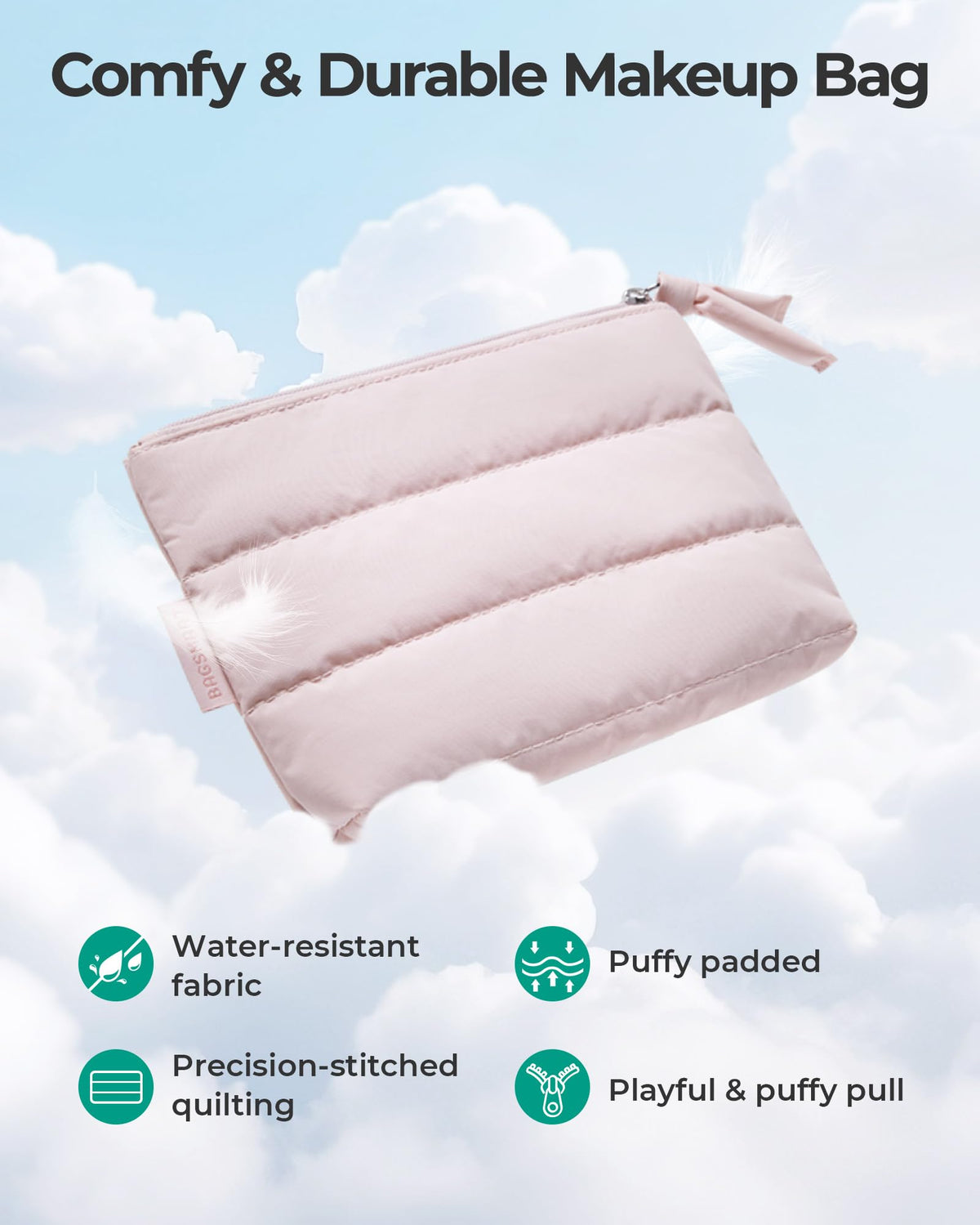 BAGSMART Small Makeup Bag, Machine Washable Puffy Cosmetic Pouch, Pink - thewildfolk BAGSMART Small Makeup Bag, Machine Washable Puffy Cosmetic Pouch, Pink