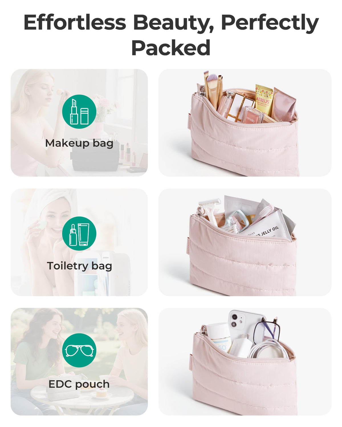BAGSMART Small Makeup Bag, Machine Washable Puffy Cosmetic Pouch, Pink - thewildfolk BAGSMART Small Makeup Bag, Machine Washable Puffy Cosmetic Pouch, Pink
