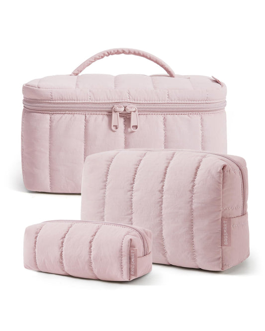 BAGSMART Travel Makeup Bag Set, 3 Pc Puffy Cosmetic Pouch, Pink - thewildfolk BAGSMART Travel Makeup Bag Set, 3 Pc Puffy Cosmetic Pouch, Pink