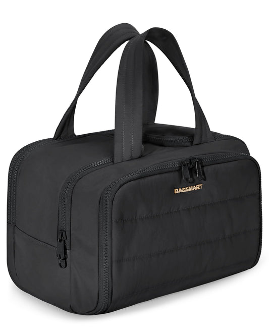 BAGSMART Travel Toiletry Bag, Lightweight Large Wide-open Travel Bag for Women, Puffy Cosmetic Makeup Bag Organizer with Handle for Accessories,Essentials, Toiletries, Black - thewildfolk BAGSMART Travel Toiletry Bag, Lightweight Large Wide-open Travel Bag for Women, Puffy Cosmetic Makeup Bag Organizer with Handle for Accessories,Essentials, Toiletries, Black