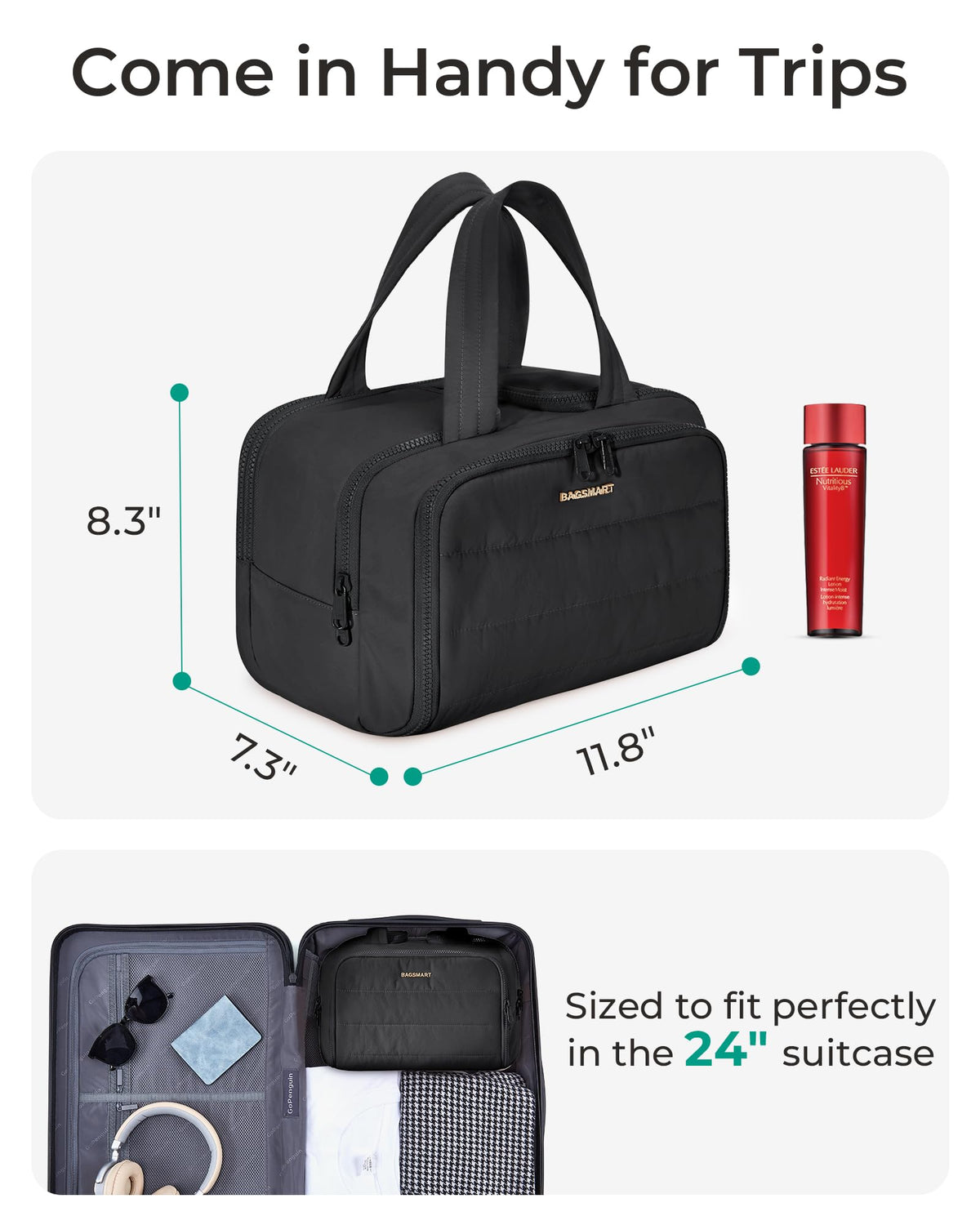 BAGSMART Travel Toiletry Bag, Lightweight Large Wide-open Travel Bag for Women, Puffy Cosmetic Makeup Bag Organizer with Handle for Accessories,Essentials, Toiletries, Black - thewildfolk BAGSMART Travel Toiletry Bag, Lightweight Large Wide-open Travel Bag for Women, Puffy Cosmetic Makeup Bag Organizer with Handle for Accessories,Essentials, Toiletries, Black