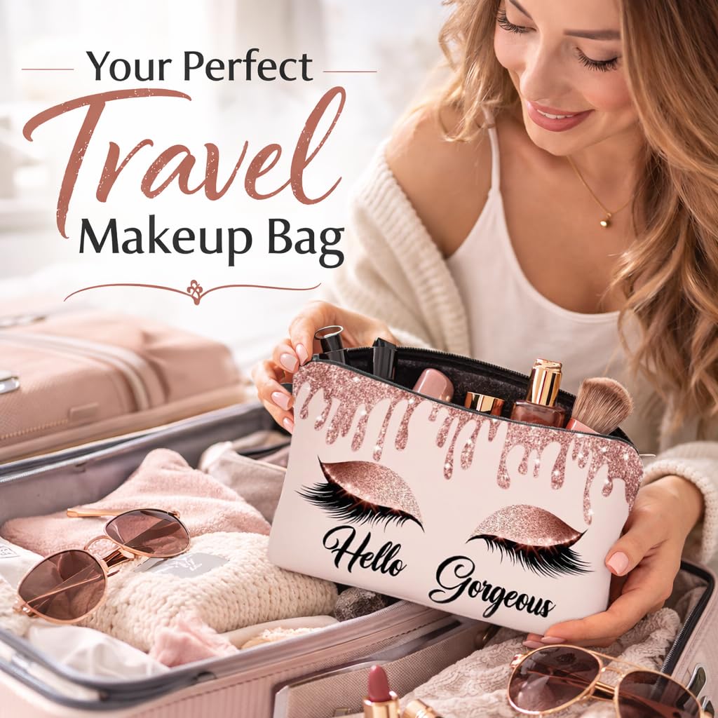 Baobeily Hello Gorgeous Makeup Bag for Purse Eyelash Pink Cosmetic Bags for Women Inspirational Gift Small Funny Cosmetics Glitters Eyeshadows Travel Bag Cases for Toiletries Accessories Organizer - thewildfolk Baobeily Hello Gorgeous Makeup Bag for Purse Eyelash Pink Cosmetic Bags for Women Inspirational Gift Small Funny Cosmetics Glitters Eyeshadows Travel Bag Cases for Toiletries Accessories Organizer