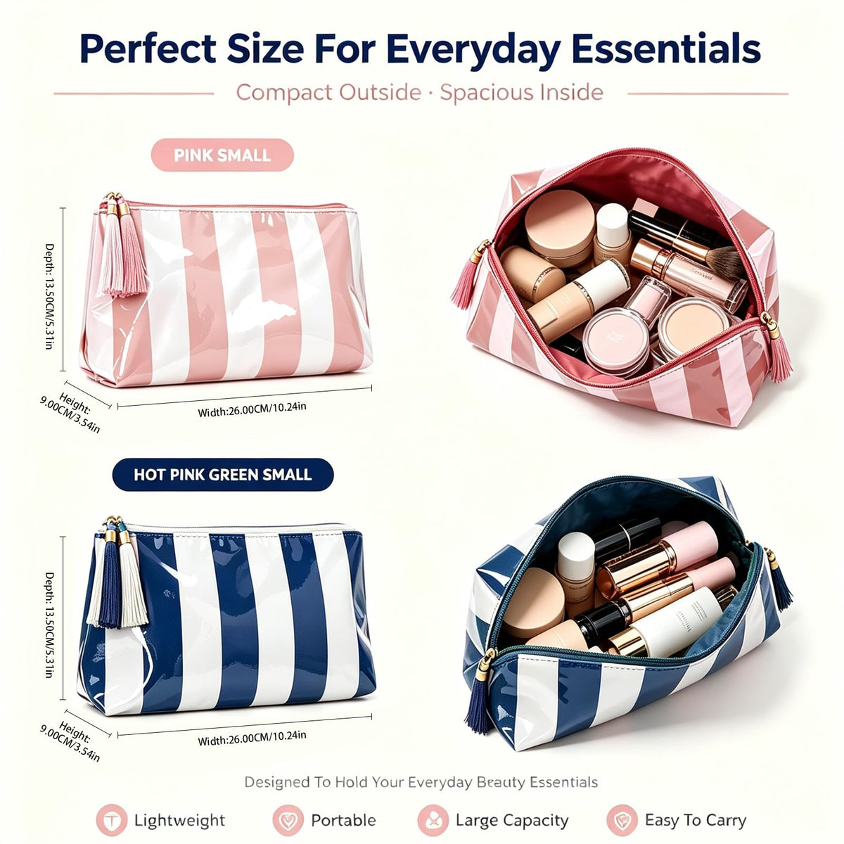 Beyinkoy Waterproof Makeup Bags, 2 PCS Striped Large Capacity Makeup Bag for Purse with Tassel Zipper, PVC Travel Toiletry Organizer Bag - thewildfolk Beyinkoy Waterproof Makeup Bags, 2 PCS Striped Large Capacity Makeup Bag for Purse with Tassel Zipper, PVC Travel Toiletry Organizer Bag
