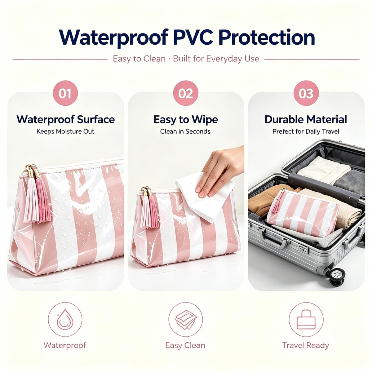 Beyinkoy Waterproof Makeup Bags, 2 PCS Striped Large Capacity Makeup Bag for Purse with Tassel Zipper, PVC Travel Toiletry Organizer Bag - thewildfolk Beyinkoy Waterproof Makeup Bags, 2 PCS Striped Large Capacity Makeup Bag for Purse with Tassel Zipper, PVC Travel Toiletry Organizer Bag