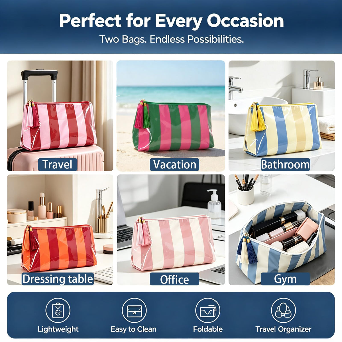 Beyinkoy Waterproof Makeup Bags, 2 PCS Striped Large Capacity Makeup Bag for Purse with Tassel Zipper, PVC Travel Toiletry Organizer Bag - thewildfolk Beyinkoy Waterproof Makeup Bags, 2 PCS Striped Large Capacity Makeup Bag for Purse with Tassel Zipper, PVC Travel Toiletry Organizer Bag