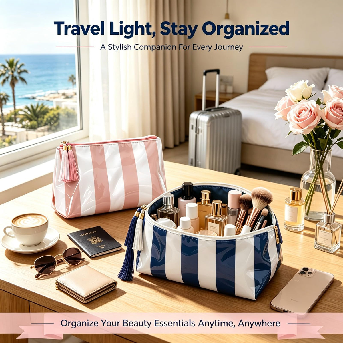 Beyinkoy Waterproof Makeup Bags, 2 PCS Striped Large Capacity Makeup Bag for Purse with Tassel Zipper, PVC Travel Toiletry Organizer Bag - thewildfolk Beyinkoy Waterproof Makeup Bags, 2 PCS Striped Large Capacity Makeup Bag for Purse with Tassel Zipper, PVC Travel Toiletry Organizer Bag