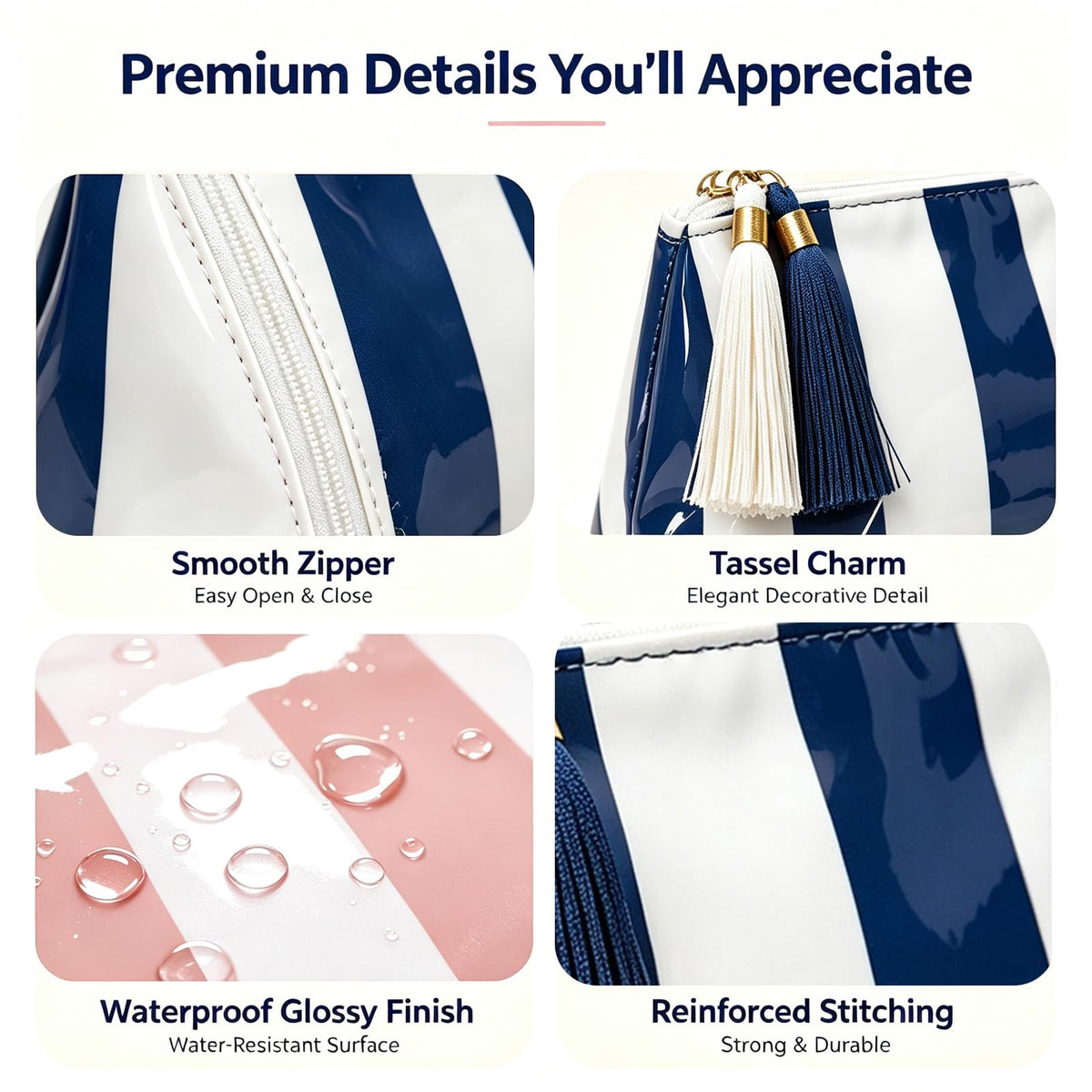 Beyinkoy Waterproof Makeup Bags, 2 PCS Striped Large Capacity Makeup Bag for Purse with Tassel Zipper, PVC Travel Toiletry Organizer Bag - thewildfolk Beyinkoy Waterproof Makeup Bags, 2 PCS Striped Large Capacity Makeup Bag for Purse with Tassel Zipper, PVC Travel Toiletry Organizer Bag