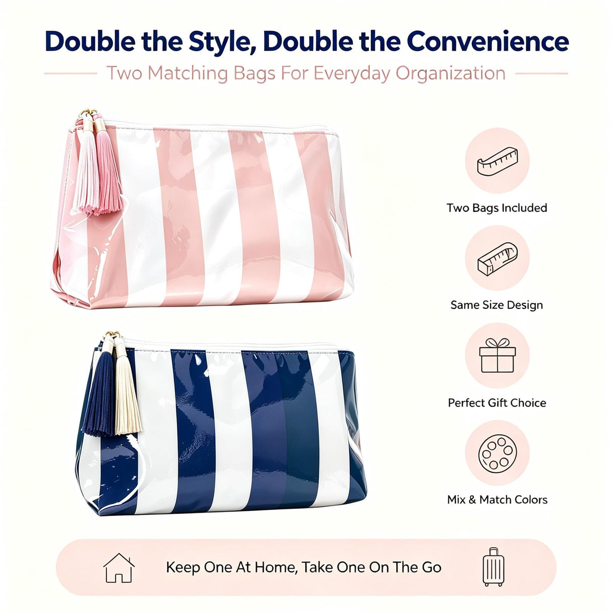 Beyinkoy Waterproof Makeup Bags, 2 PCS Striped Large Capacity Makeup Bag for Purse with Tassel Zipper, PVC Travel Toiletry Organizer Bag - thewildfolk Beyinkoy Waterproof Makeup Bags, 2 PCS Striped Large Capacity Makeup Bag for Purse with Tassel Zipper, PVC Travel Toiletry Organizer Bag