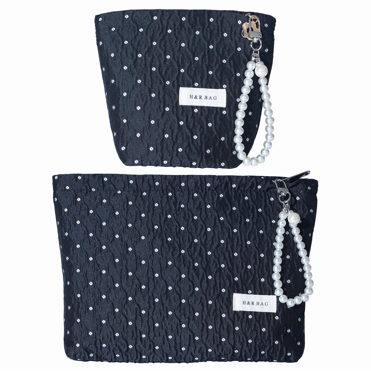 Black Polka Dot Makeup Bag 2 Sizes Zipper Cosmetic Pouch With Wrist Strap - thewildfolk Black Polka Dot Makeup Bag 2 Sizes Zipper Cosmetic Pouch With Wrist Strap