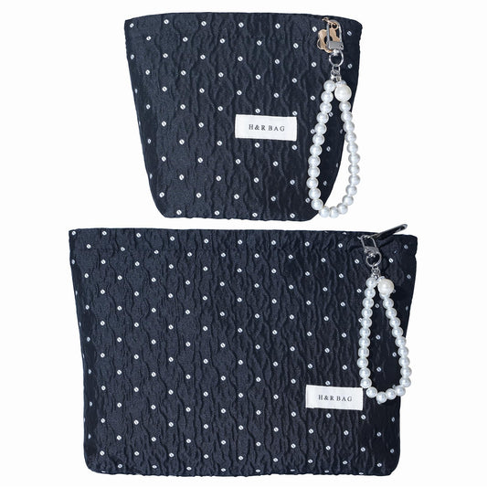 Black Polka Dot Makeup Bag 2 Sizes Zipper Cosmetic Pouch With Wrist Strap - thewildfolk Black Polka Dot Makeup Bag 2 Sizes Zipper Cosmetic Pouch With Wrist Strap