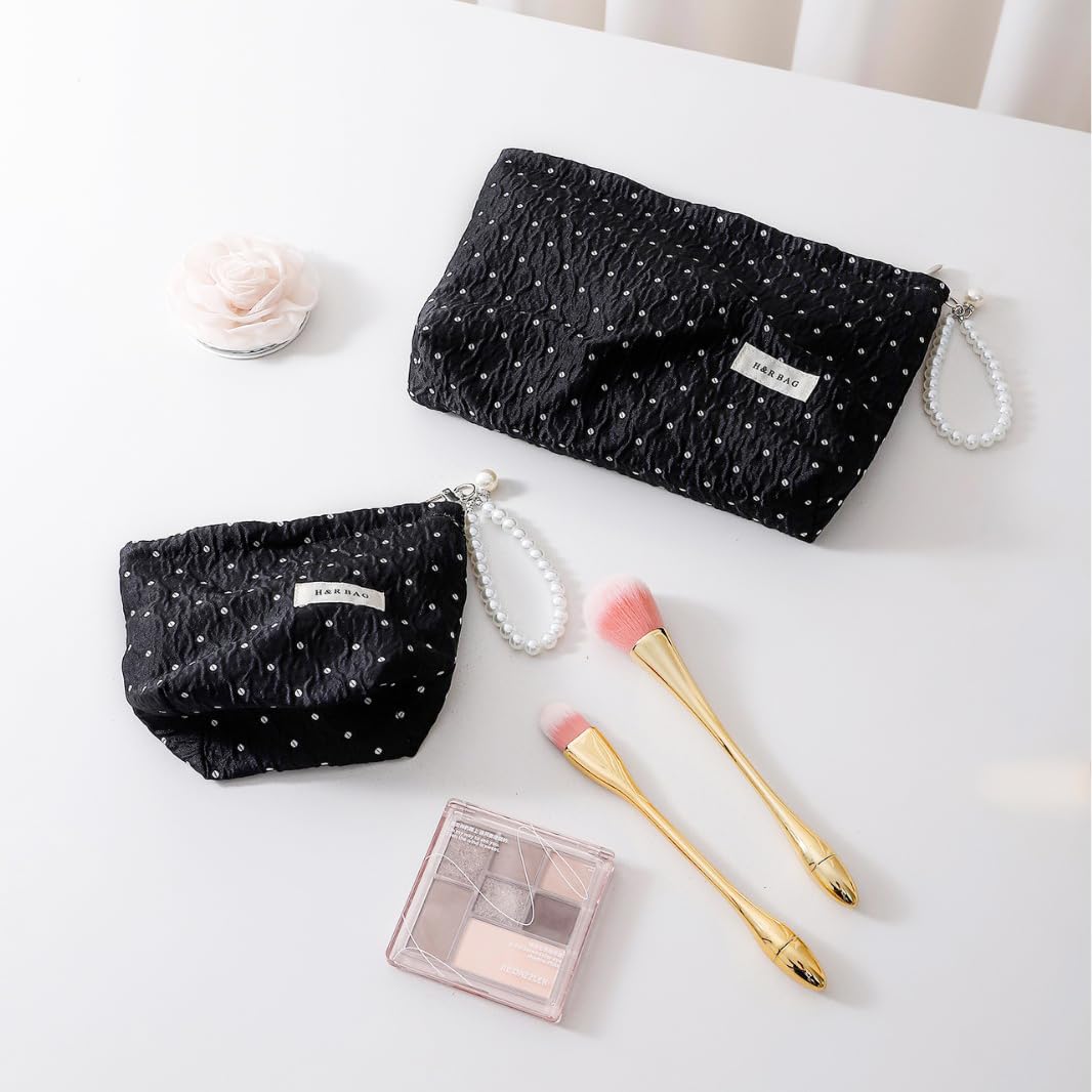 Black Polka Dot Makeup Bag 2 Sizes Zipper Cosmetic Pouch With Wrist Strap - thewildfolk Black Polka Dot Makeup Bag 2 Sizes Zipper Cosmetic Pouch With Wrist Strap