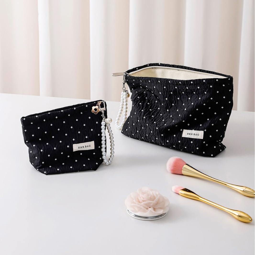 Black Polka Dot Makeup Bag 2 Sizes Zipper Cosmetic Pouch With Wrist Strap - thewildfolk Black Polka Dot Makeup Bag 2 Sizes Zipper Cosmetic Pouch With Wrist Strap
