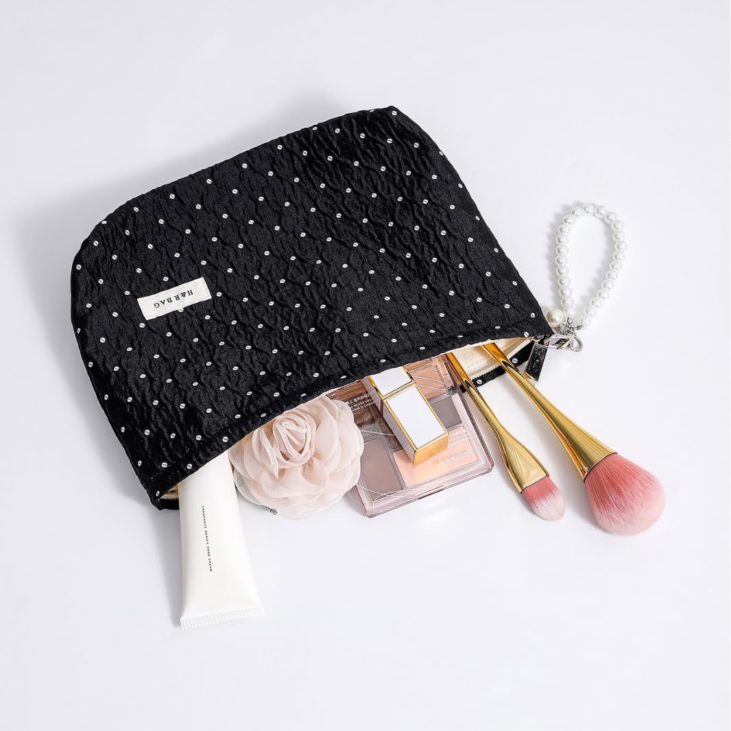 Black Polka Dot Makeup Bag 2 Sizes Zipper Cosmetic Pouch With Wrist Strap - thewildfolk Black Polka Dot Makeup Bag 2 Sizes Zipper Cosmetic Pouch With Wrist Strap
