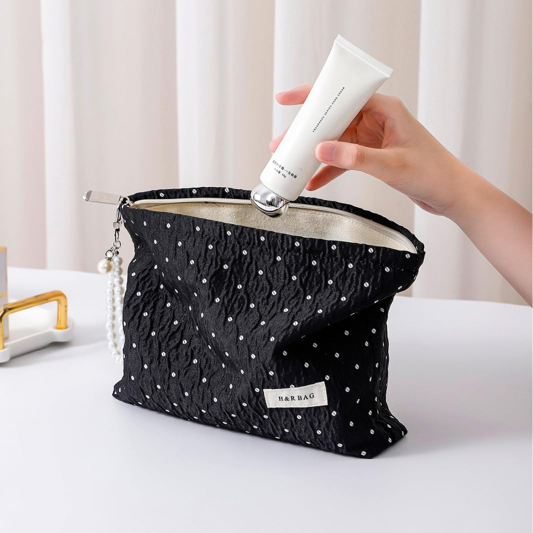 Black Polka Dot Makeup Bag 2 Sizes Zipper Cosmetic Pouch With Wrist Strap - thewildfolk Black Polka Dot Makeup Bag 2 Sizes Zipper Cosmetic Pouch With Wrist Strap