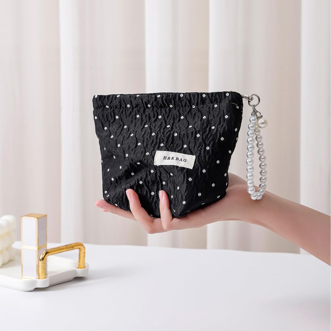 Black Polka Dot Makeup Bag 2 Sizes Zipper Cosmetic Pouch With Wrist Strap - thewildfolk Black Polka Dot Makeup Bag 2 Sizes Zipper Cosmetic Pouch With Wrist Strap