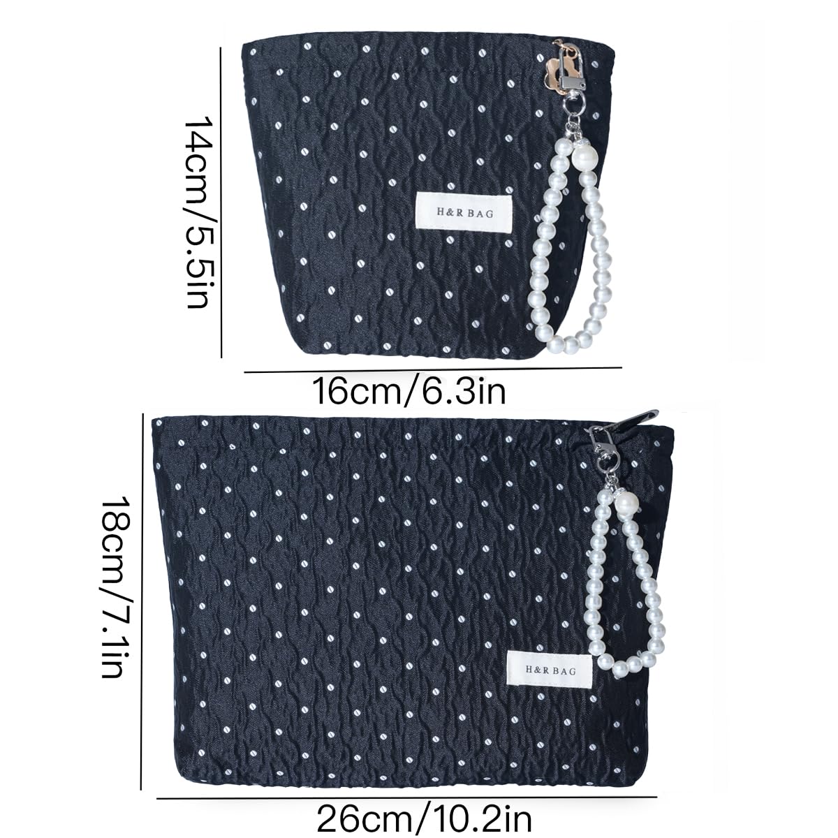 Black Polka Dot Makeup Bag 2 Sizes Zipper Cosmetic Pouch With Wrist Strap - thewildfolk Black Polka Dot Makeup Bag 2 Sizes Zipper Cosmetic Pouch With Wrist Strap