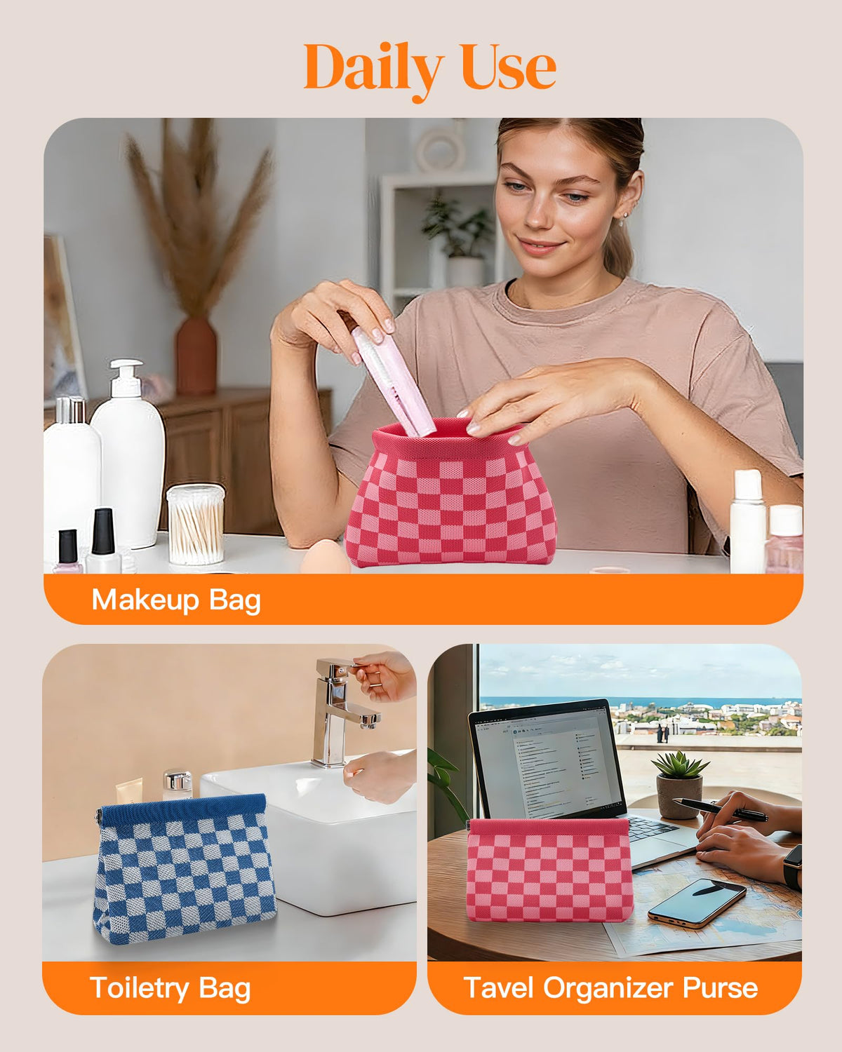 bohunono Small Makeup Bag for Purse,Cute Travel Makeup Pouch, Perfect Cosmetic & Toiletry Bag for Women, Lipstick Case & Brush Holder, Mini Vanity Organizer(LB_Dark Orange-Light Blue) - thewildfolk bohunono Small Makeup Bag for Purse,Cute Travel Makeup Pouch, Perfect Cosmetic & Toiletry Bag for Women, Lipstick Case & Brush Holder, Mini Vanity Organizer(LB_Dark Orange-Light Blue)
