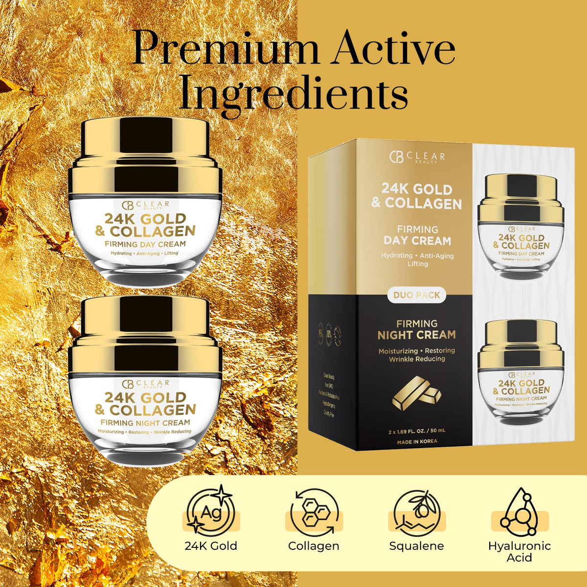 Clear Beauty 24K Gold & Collagen Face Moisturizer - Dermatologist Tested, Anti Aging, Korean Skin Care - Hydrates, Firms, Smooths For Youthful Skin - Vegan, Clean Beauty - Duo Pack - thewildfolk Clear Beauty 24K Gold & Collagen Face Moisturizer - Dermatologist Tested, Anti Aging, Korean Skin Care - Hydrates, Firms, Smooths For Youthful Skin - Vegan, Clean Beauty - Duo Pack