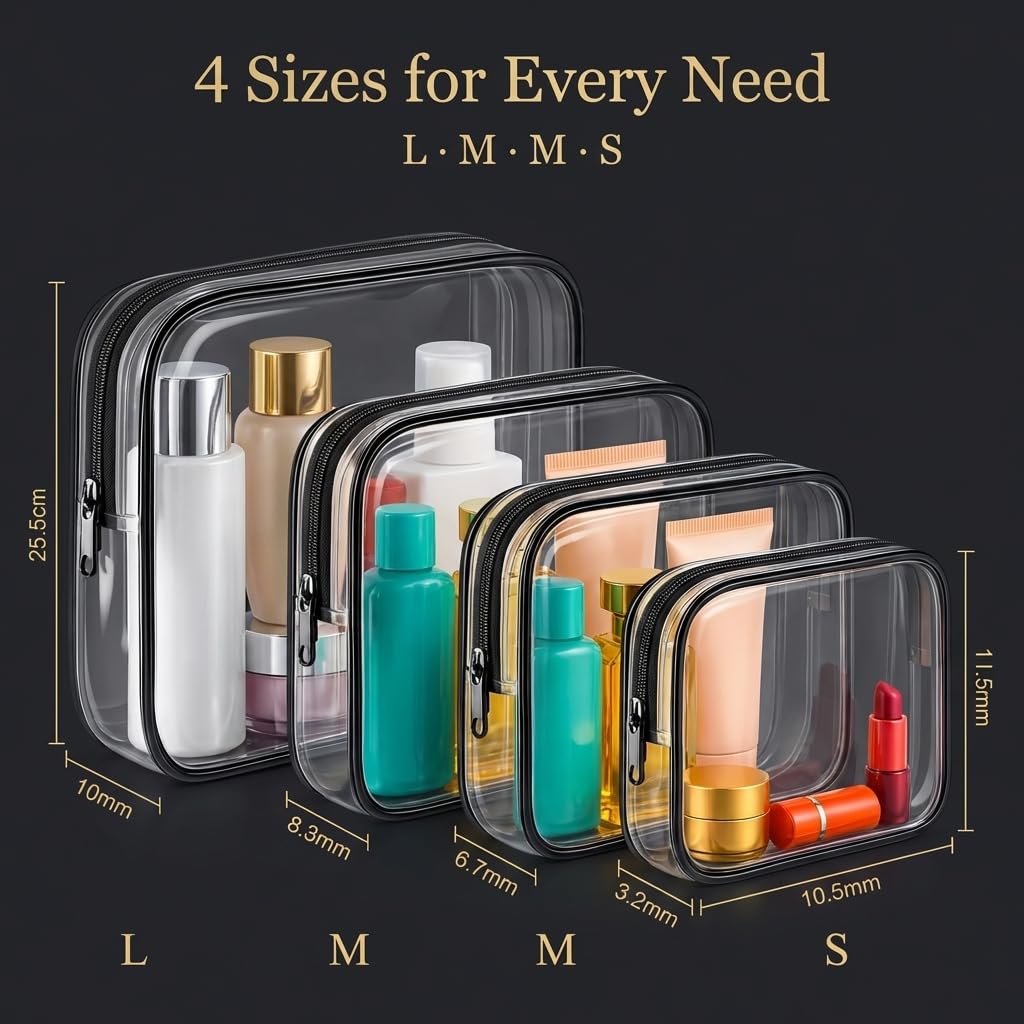 Clear Makeup Bag 4 Pack, TSA Approved Toiletry Bag for Women, Waterproof PVC Cosmetic Pouch Travel Organizer, Clear Bags for Diaper Bag Organizer Purse, Portable Zipper Pouch Set (L+M+M+S) - thewildfolk Clear Makeup Bag 4 Pack, TSA Approved Toiletry Bag for Women, Waterproof PVC Cosmetic Pouch Travel Organizer, Clear Bags for Diaper Bag Organizer Purse, Portable Zipper Pouch Set (L+M+M+S)