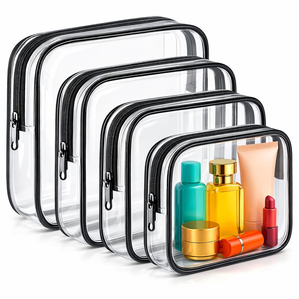 Clear Makeup Bag 4 Pack, TSA Approved Toiletry Bag for Women, Waterproof PVC Cosmetic Pouch Travel Organizer, Clear Bags for Diaper Bag Organizer Purse, Portable Zipper Pouch Set (L+M+M+S) - thewildfolk Clear Makeup Bag 4 Pack, TSA Approved Toiletry Bag for Women, Waterproof PVC Cosmetic Pouch Travel Organizer, Clear Bags for Diaper Bag Organizer Purse, Portable Zipper Pouch Set (L+M+M+S)